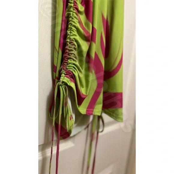 Nasty Gal Lime Green & Hot Pink Marble Print Ruched Cowl Neck Dress NWT - Picture 7 of 14